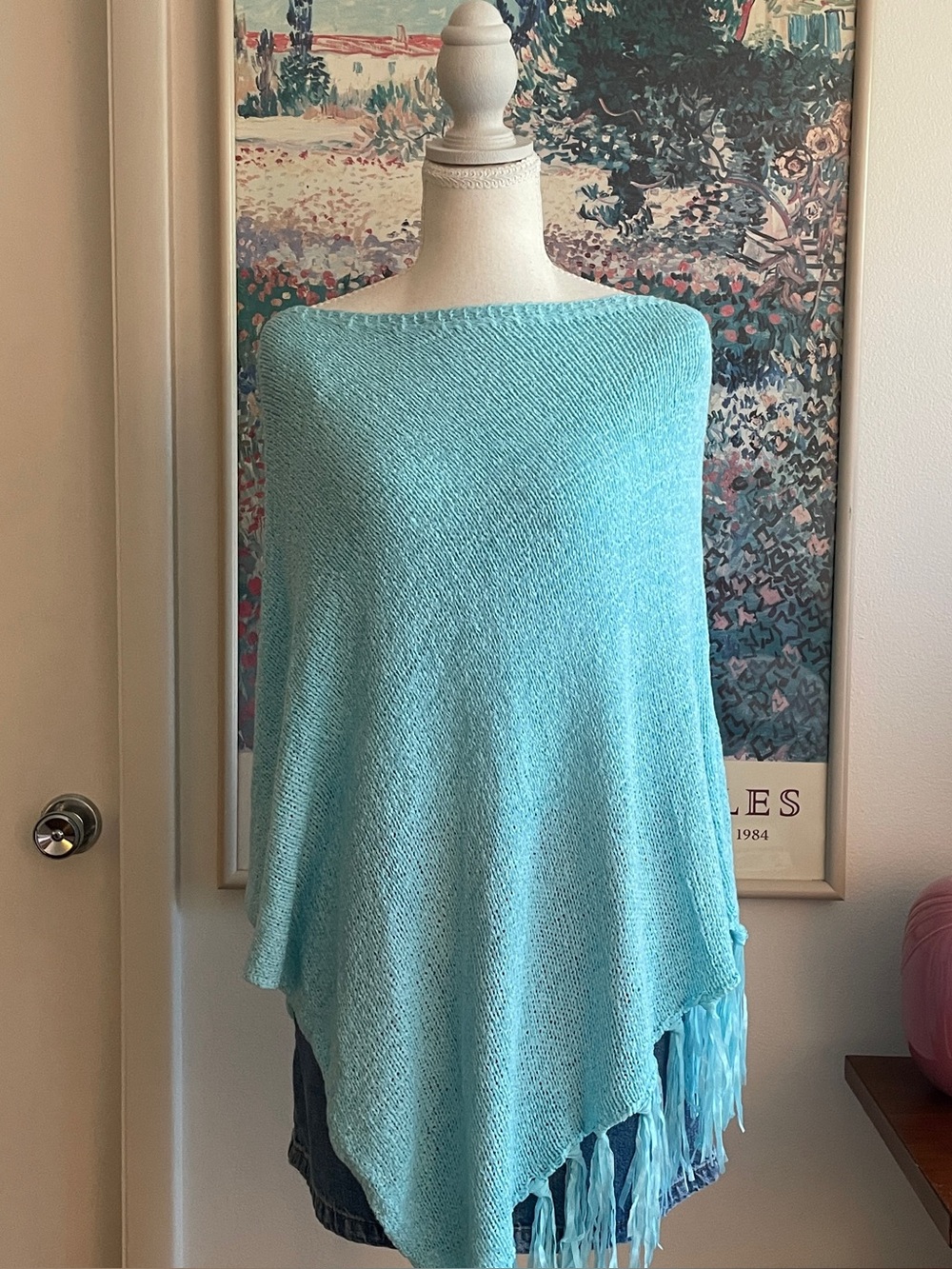 Chico's Aqua Blue Knit Poncho Sweater S Fringe Hem Mermaid Boho Coastal Resort